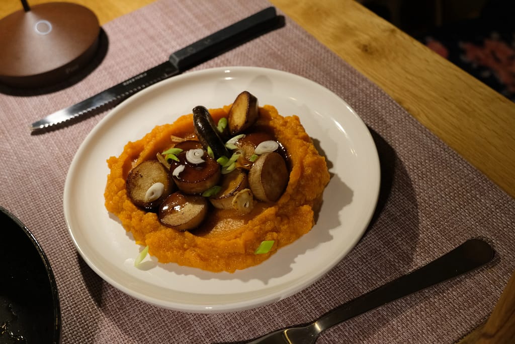 Koningsoesterzwam, zoete aardappelpuree en teriyakisaus